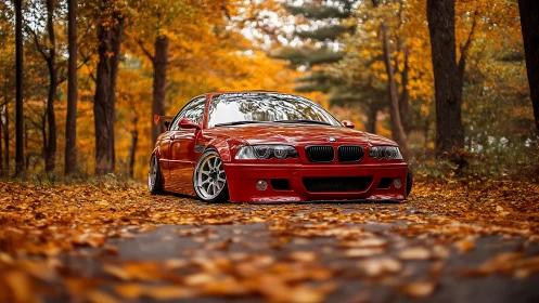 Red BMW sedan parked on leaf covered forest road in fall.