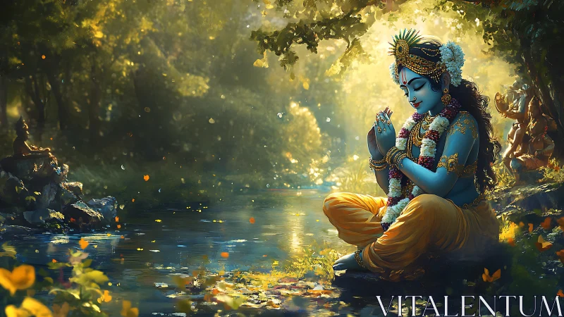 Blue devotional figure by luminous forest stream, high detail.