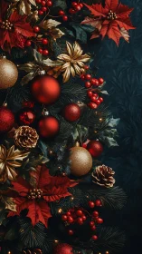 Festive Christmas tree macro with poinsettias and ornaments