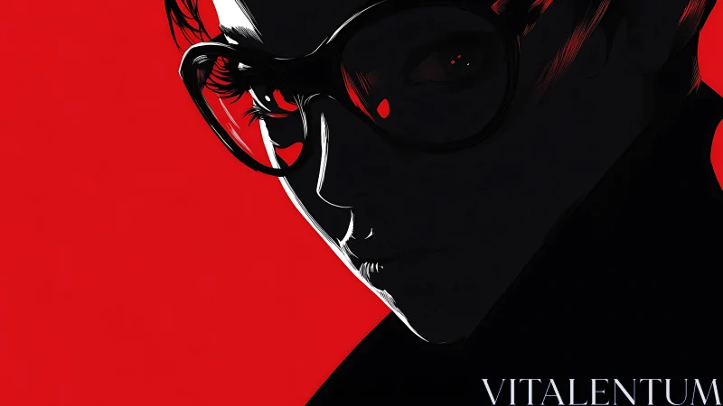 Side-lit portrait silhouette with glasses against red field