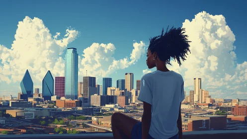 Person on rooftop ledge overlooking modern city skyline.
