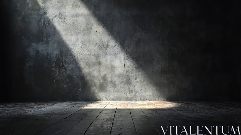 Empty dark room with single beam of light on wooden floor.