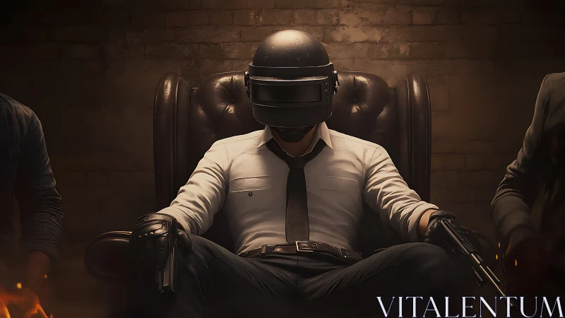 Helmeted tactician lounges like a quiet storm before battle