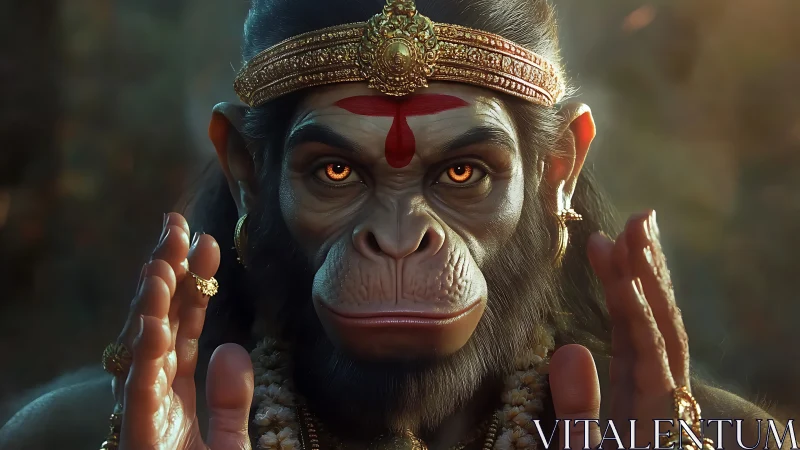 Golden-eyed monkey deity poised in sacred forest light.
