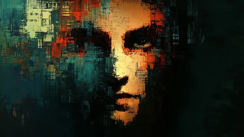 Mysterious digital face emerges from glowing pixelated shadows