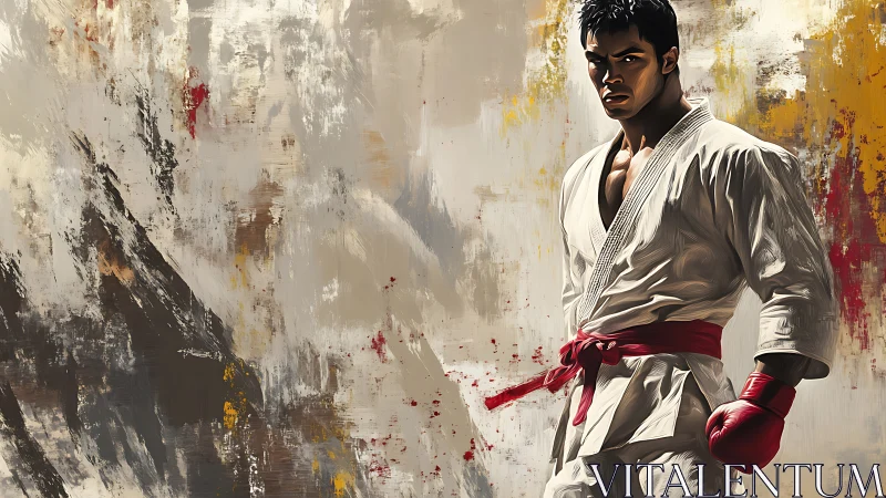 Martial artist in gi with red belt and glove, abstract backdrop.