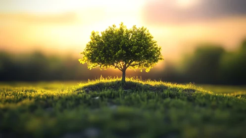 Isolated young tree rendered with shallow depth of field bokeh