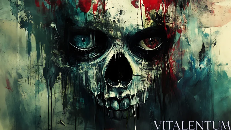 Skull-like face with asymmetric eyes emerges from dripping paint