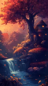 Treehouse stands above autumn waterfall in warm evening light