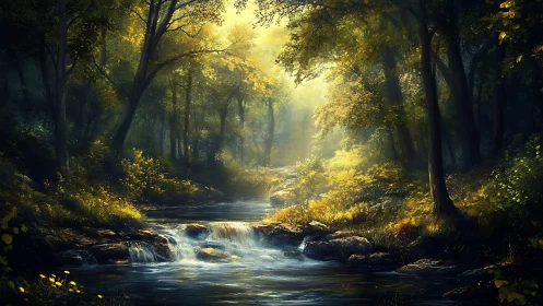 Sunlit Forest Stream with Ancient Trees and Flowing Water