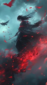 Solitary swordmaster walks through storm of crimson embers