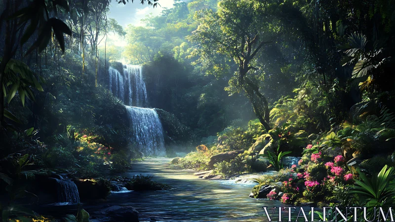 Tropical Waterfall Landscape with Dense Vegetation