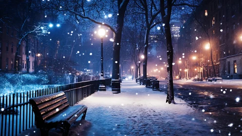 Gentle snowfall softens a quiet city street into calm magic