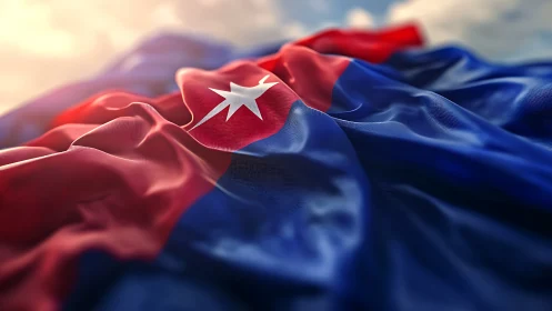 Sunlit tricolor flag ripples with radiant star at its heart.