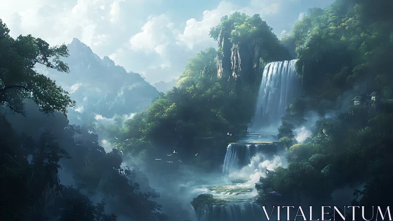 Ethereal Mountain Cascade: Layered Waterfalls Shrouded in Mist. Digital painting.