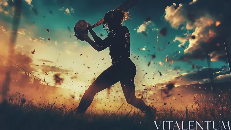 Sunset softball hitter steps into a powerful, glowing swing