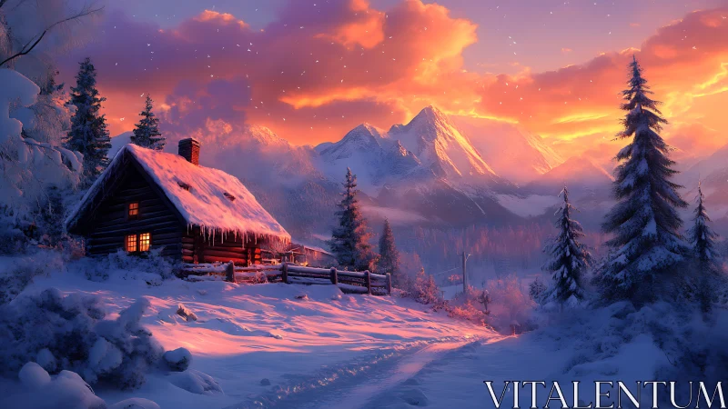 Snowy cabin at dusk under glowing winter mountains.