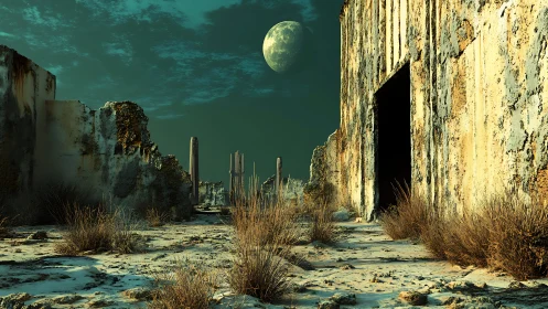 Moonlit ruins stretch across a desolate alien wasteland.