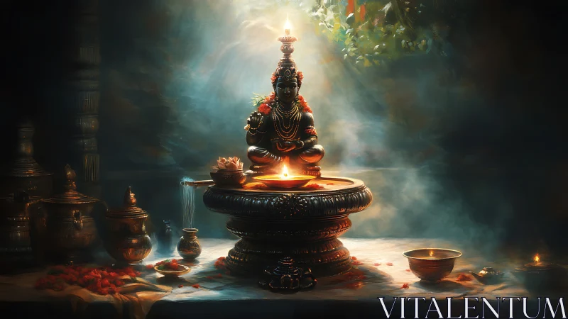 Divine brass deity sculpture glows above ritual oil lamp
