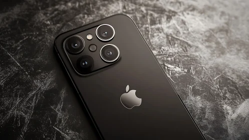 Black iPhone 12 Pro with triple camera system on textured surface