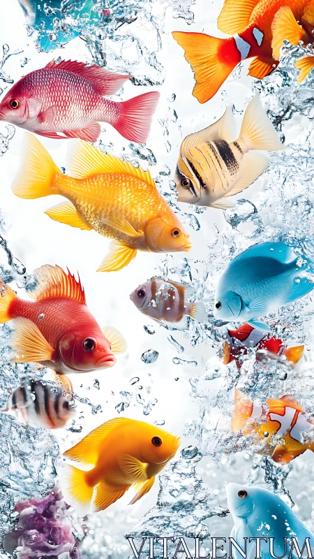 Colorful tropical fish swimming through clear water splash.