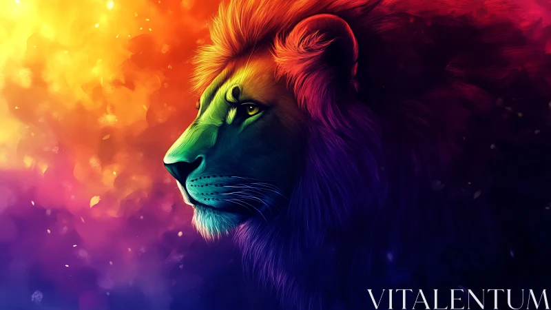 Lion profile rendered in high-contrast multicolor gradient light