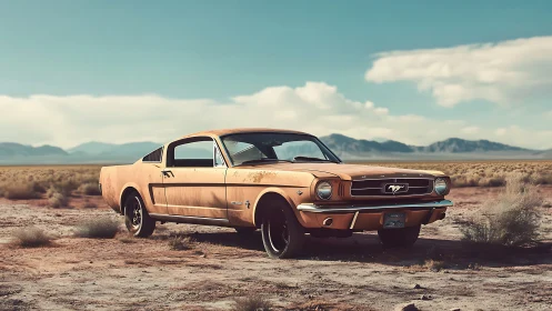 Vintage muscle car waits under vast desert sky in sunlit calm