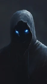 Hooded shadow figure glows with piercing electric blue eyes