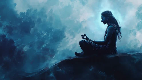 Serene mystic meditating in soft blue celestial light.