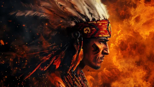 Warrior in flaming profile with elaborate feathered headdress.