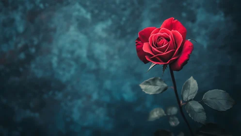 Deep Crimson Rose Against Teal Bokeh Gradient: Selective Focus Study.
