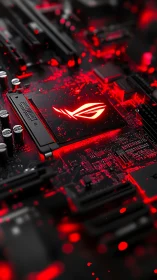 Glowing ROG gaming chipset on motherboard with red LED accent lighting