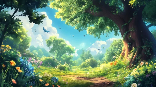 Enchanted Forest Pathway: Luminous Digital Landscape.