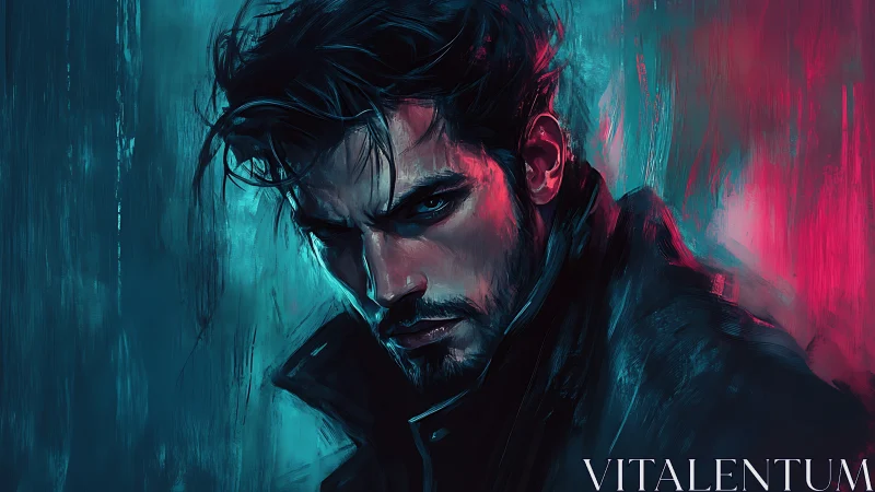 Brooding night wanderer in bold teal and magenta light.