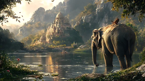 Elephant wades toward sunlit jungle temple across river.