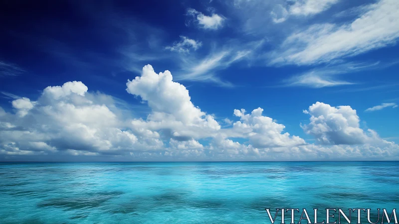 Serene tropical ocean horizon under towering cumulus clouds.