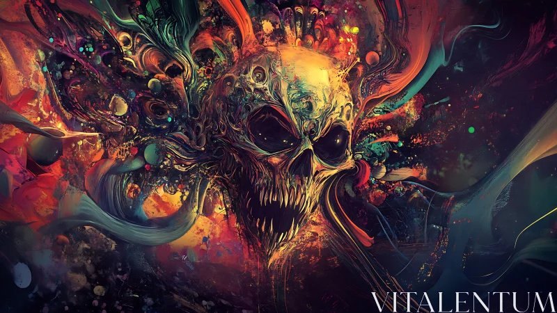 Infernal chromatic skull exploding in molten nebulae.