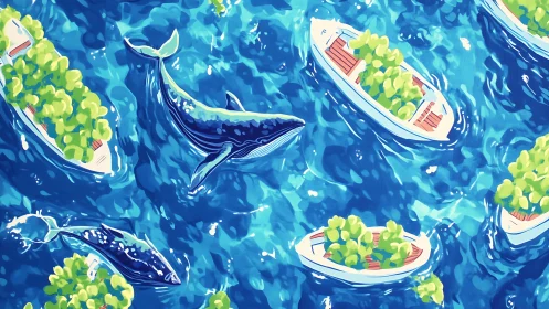 Whales and tree-filled boats in stylized blue ocean scene.
