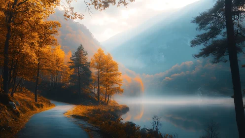 Golden autumn forest curves beside misty mountain lake.