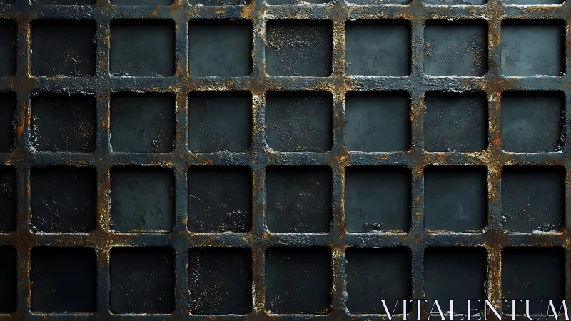 Rusted iron grid whispers industrial echoes in shadowed blue.
