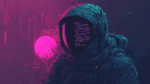 Neon astronaut drifts through code lit by a pink moon.
