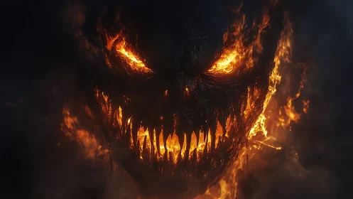 Infernal grin of the ember king in swirling shadowfire.