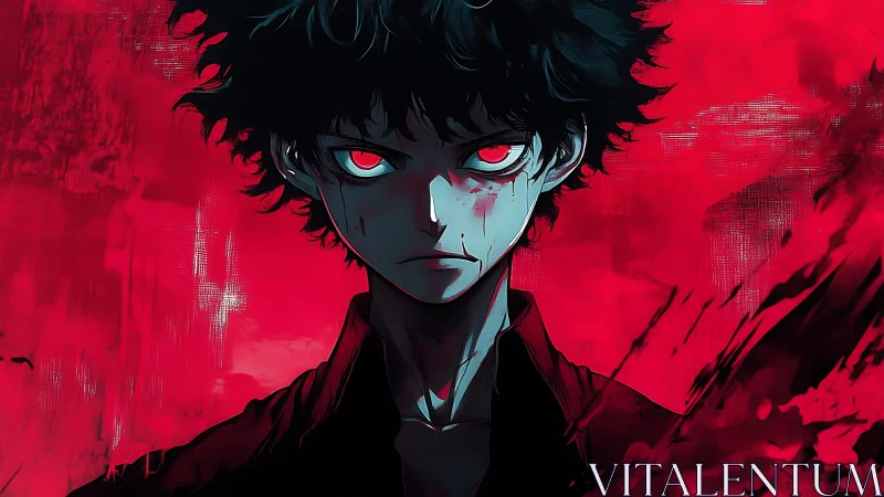 Intense red eyed anime boy in dark dramatic portrait.
