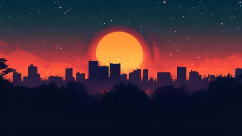 Spectral urban skyline against oversized discretized sunset.