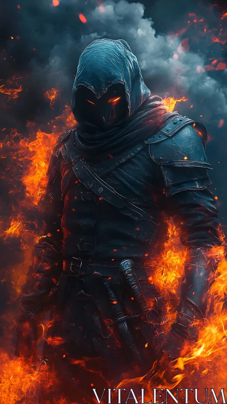 Hooded armored figure stands amid dense flames and smoke