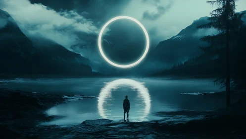 Glowing circle hovers above a misty lake as a lone figure waits