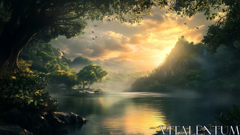 Backlit river canyon with volumetric sunrise and dense foliage