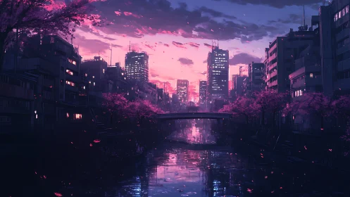 Neon dusk city canal glows beneath vivid sakura sky.