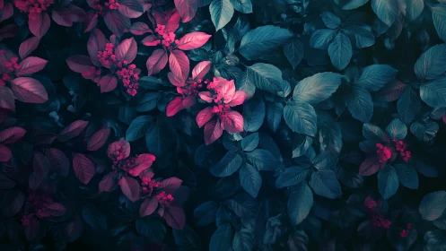 Midnight garden glow with dreamy pink and teal leaves.