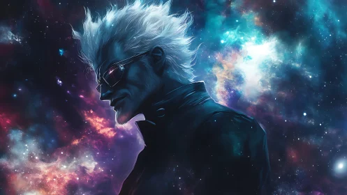 Stargazing renegade draped in neon galaxies and quiet swagger.